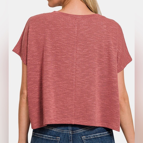 Zenana Round Neck Cropped Shirt Mauve Size Large - Picture 3 of 5